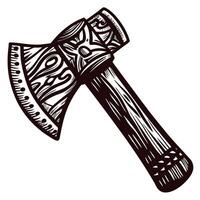 Intricately carved axe with wooden handle displaying ornate patterns vector