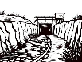 Abandoned railway tunnel cutting through rocky terrain with overgrown vegetation vector