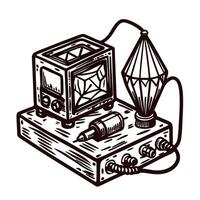 Vintage electronic device with detailed components and cables in monochrome vector