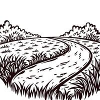 Scenic country path winding through lush greenery with clear skies and dense bushes vector
