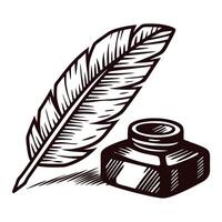 Artistic feather quill drawing with inkwell on white background vector