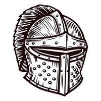 Antique medieval knight helmet with detailed crest and rivets in black and white drawing vector