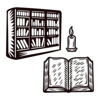 of an open book and bookshelf with candle lit ambiance in vintage vector