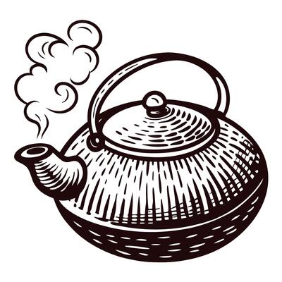 Vintage hand drawn teapot with steam rising from spout