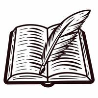 Feather quill on open book symbolizing writing and literature vector