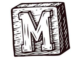 Wooden block with letter m in vintage design, isolated on white background vector