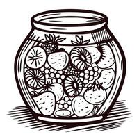 Detailed line art of a fruit filled jar with various fresh berries and citrus slices vector