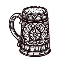 Intricately designed beer stein with ornate floral patterns in monochrome vector