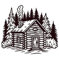 Cozy log cabin in pine forest setting with smoke from chimney vector