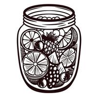 Fruit infused jar featuring assorted citrus, berries, and pineapple in detailed black and white vector