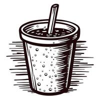 Sketch of a refreshing soda cup with straw and bubbles in a detailed vector