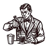 Mature caucasian man in vintage attire mixing a cocktail with precision and elegance in a classic setting vector