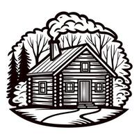 Rustic log cabin in forest with smoke curling from chimney surrounded by trees vector