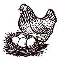 Hen with nest of eggs in detailed black and white vector