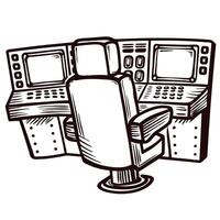 Empty control room console with chair and monitors in a technical environment vector