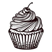 of a detailed cupcake with cherry on top in black and white line art vector