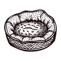 Round pet bed with soft cushion and textured design in monochrome sketch vector