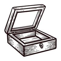 Open wooden jewelry box with decorative carving, hinged lid and latch in simple line art vector