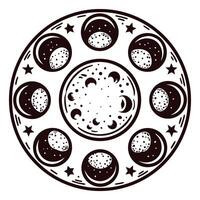 Lunar phases circular design with stars and moons in black and white vector