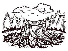 Nature scene with tree stump and forest landscape in black and white vector