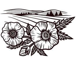 of poppies in a rolling countryside landscape with trees and fields vector