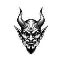 Detailed monochrome drawing of a mythical horned creature with fierce expression vector