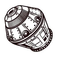Retro space capsule design with detailed line art in black and white vector