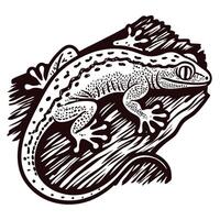 Detailed black and white of a gecko on a tree branch vector