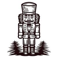Traditional wooden nutcracker toy standing among pine trees in a vintage vector
