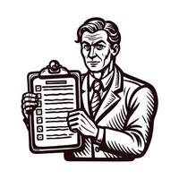 Elderly caucasian man in a suit holding a checklist on a clipboard with a serious expression in a black and white vector