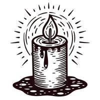 Rustic candle with dripping wax and illuminated flame detailing vector