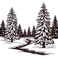 Winter landscape with snow covered pine trees and a meandering stream in a serene forest setting vector