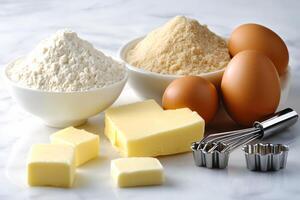 Baking Ingredients Flour, Sugar, Butter, Eggs photo