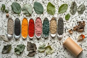 Various spices and herbs in spoons on a table photo