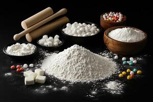 Baking Ingredients and Tools on Black Background photo