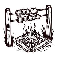 Rustic campfire with roasting marshmallows in nature setting vector