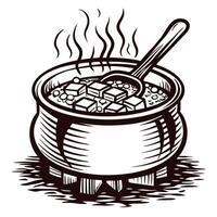 Rustic pot of boiling stew with ingredients and steam over open fire in black and white art vector