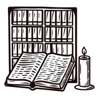 Antique bookshelf with open book and lit candle in vintage library setting vector