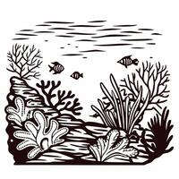Underwater coral reef scene with diverse marine life and lush seaweed vector