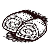 Detailed black and white sketch of two rolled burritos on a textured surface vector