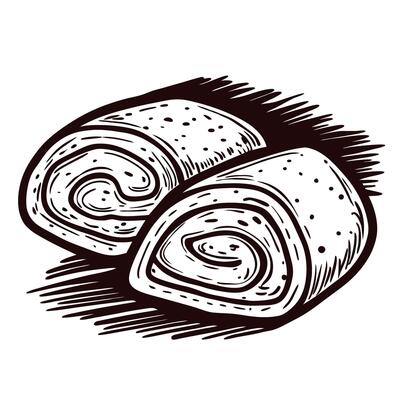 Detailed black and white sketch of two rolled burritos on a textured surface