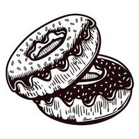 Two hand drawn donuts with icing and sprinkles in vintage vector