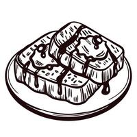 Stack of french toast with syrup and butter on a plate, line art vector