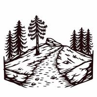 Scenic mountain pathway surrounded by pine trees and rocks vector