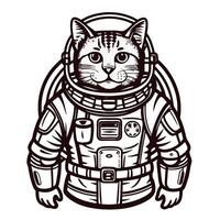 of a cat in a space suit, depicting a humorous astronaut theme, with detailed line art vector
