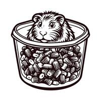 Adorable guinea pig peeking from container filled with pellets in black and white artwork vector