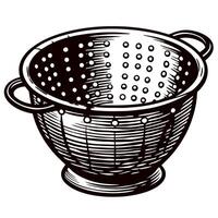 Vintage colander with detailed etching and perforated design in black and white vector