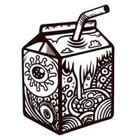 Abstract monochrome juice box with intricate doodle patterns and straw vector