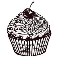 Ornate cupcake design with cherry topping and swirling frosting pattern vector