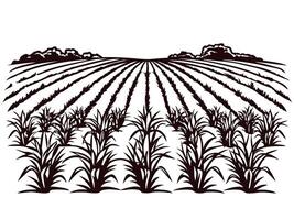 Agricultural field with rows of crops and distant trees in black and white design vector